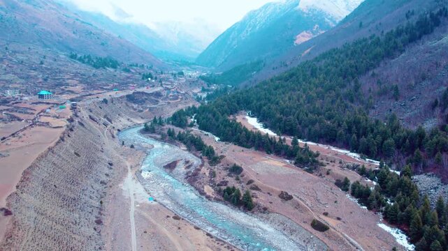 Baspa River Flowing Through Chitkul Village &ndash; Aerial Drone Shot of Chitkul