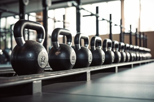 Kettlebells lined up on a rack in a fitness gym ready for workout