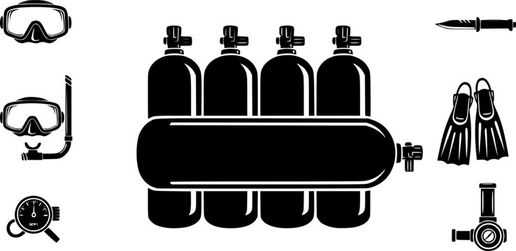 Scuba diving equipment and underwater exploration gear icon set featuring a simple black silhouette of four oxygen tanks in a row &ndash; Black and White Vector Illustration