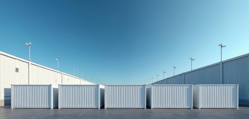 Fototapeta premium Modern battery storage containers sit outside industrial warehouse buildings. Clean energy tech infrastructure under clear blue sky. Advanced power solutions for grid.