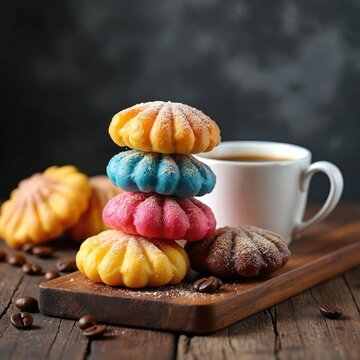 Colorful conchas sweet bread stacked on wooden board. Coffee cup nearby on rustic table. Delicious pastries with sugar topping. Sweet treat for breakfast or dessert.