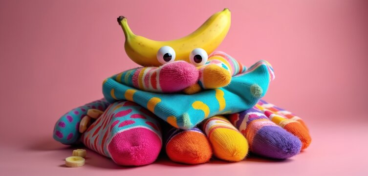 Pile of fun colorful socks with playful banana and googly eyes design. Apparel accessory with quirky patterns for whimsical fashion. Clothing textile art.