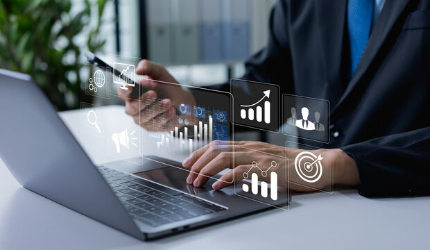 Marketing automation concept using data science, digital advertising insights, lead generation, client engagement and data-driven marketing management strategy.
