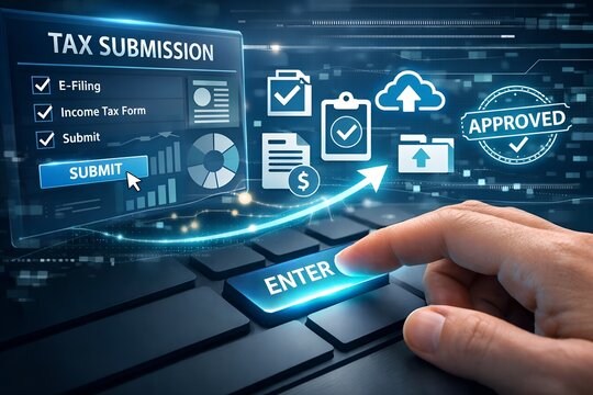 Pressing enter key for online tax submission symbolizes the digital shift in business workflow and automation, merging technology with finance for seamless e-filing efficiency