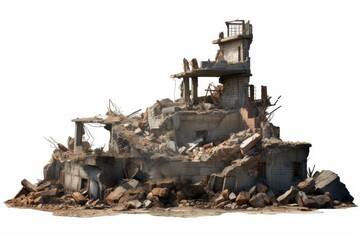 Fototapeta premium Destroyed building structure displaying extensive damage, debris, and rubble on a white background