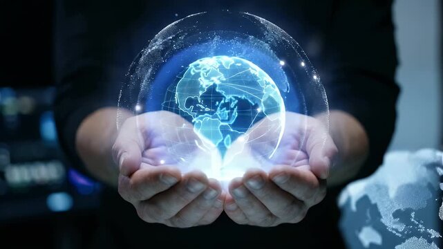 Create a cinematic video showcasing a gentle zoom-in on a person holding a glowing digital globe, with ambient sparkles and a slow, steady pan to emphasize the connection to technology and global comm