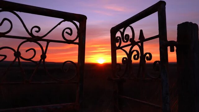 Open Gate at Sunset, Rural Landscape, Warm Colors, Peaceful Evening