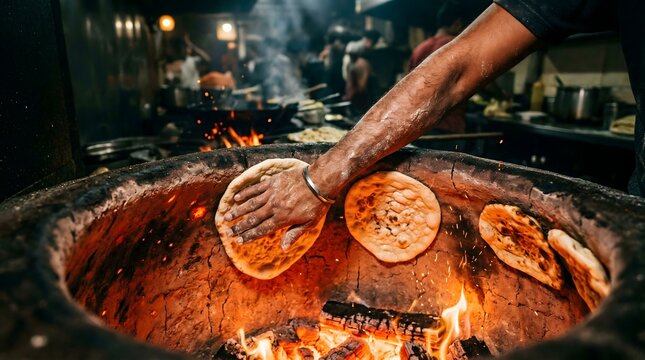Naan dough being slapped into a blazing tandoor with orange firelight, local flavor, tactile realism, culinary craft