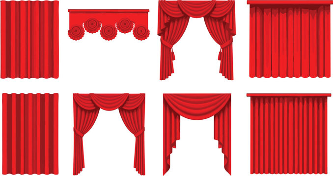 Red Curtain Vector Set with Theater Stage Drapes Luxury Window Treatments and Elegant Pelmets Isolated Icons for Interior Design Illustration