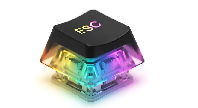 High-performance mechanical keyboard keycap with vibrant RGB lighting and ESC text isolated on white background.