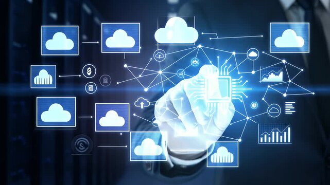Close-up of a professional touching a glowing microchip icon at the center of a network of connected analytics and cloud symbols, dark background with shallow depth of field and cinematic push-in in r