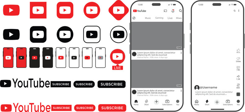 YouTube mobile app interface showing Home and Shorts layout screens YouTube UI. YouTube mobile app mockup vector smartphone screen interface design. Editorial. Youtube mockup on iPhone 2026

