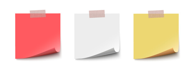 Obraz na płótnie Canvas Sticky note with duct tape, post it note paper set, memo reminder, sticky paper note with clipping path and shadow isolated on transparent background