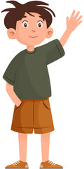 Fototapeta premium Cartoon boy with brown hair wearing shorts waving illustration