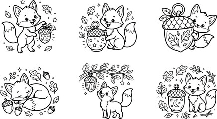 Obraz premium Cute cartoon fox holding acorn close up line art coloring page set with sleeping fox sitting fox standing under branch leaves stars moon lantern outline illustration