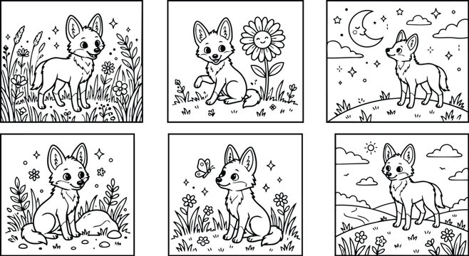 Whimsical hand drawn fox coloring panels six square frames cute foxes in wildflower meadow day night scenes close up smiling side view playful