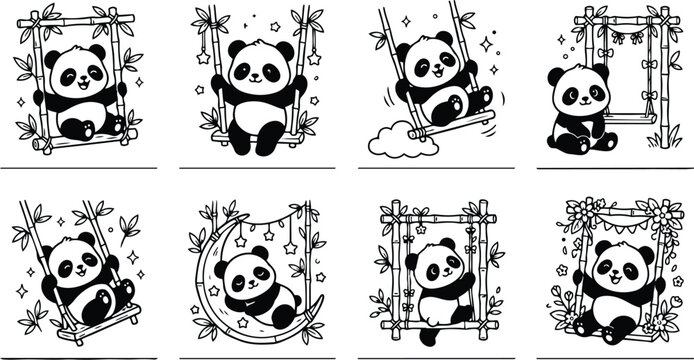 Cute line art panda illustrations close up on bamboo swing multiple poses looking at camera playful nursery coloring page style black and white gentle adorable whimsical