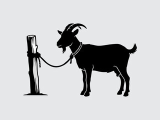 Black silhouette of a goat tied to a wooden post on a grey  background © Reni