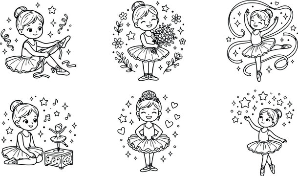 Line art grid of six little ballerina girls in tutu performing different poses tying shoes holding bouquet dancing with ribbon musical box starry background cute whimsical