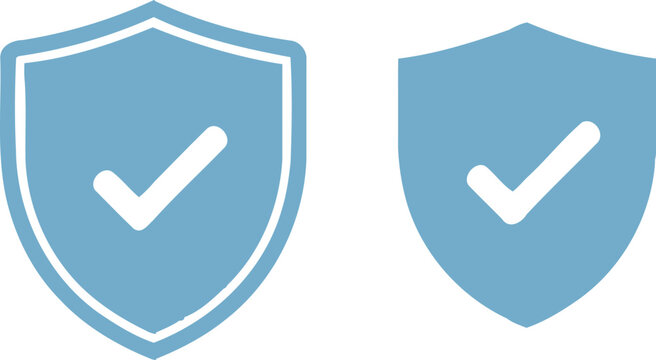 Two light blue shield icons with white checkmarks representing security protection and trustworthiness in a digital context