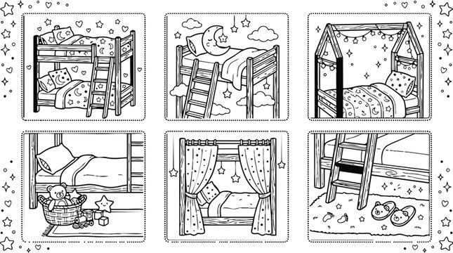 Whimsical line art children s bunk bed set close up ladder canopy bed pillows toys curtains stars moon nighttime nursery coloring page with cozy details playful
