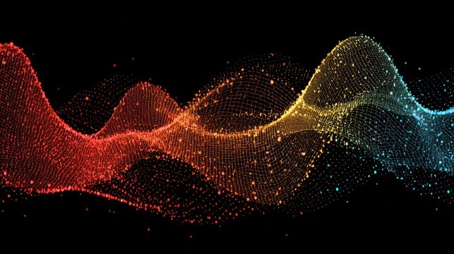 Illuminated digital mesh flows dynamically across a dark background in a spectrum of warm to cool colors.