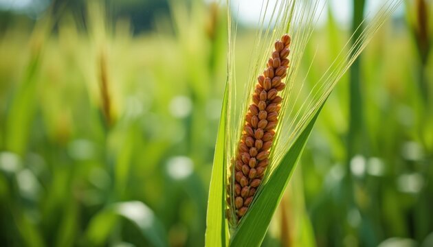 Close-up view of ripe sorghum grain head in sunlit field. Green stalks surround mature brown seeds ready for harvest. Cultivated crop grows abundantly.