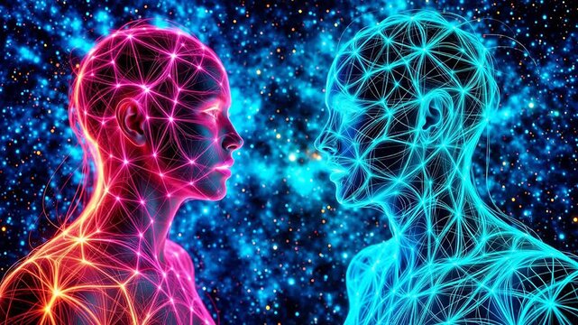 Advanced Two glowing digital human heads facing each other for Digital Transformation and Cyber Infrastructure