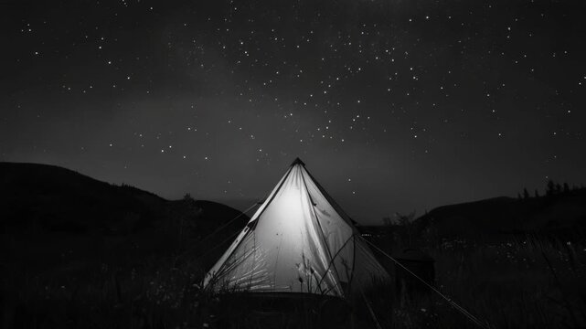 Dark night camping scene with a tent pitched on the shore under a starry sky.