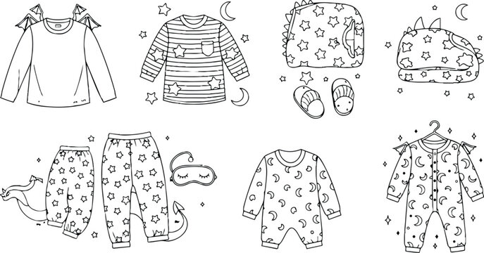 Hand drawn children nightwear set flat lay with dragon wings and star print onesie pajamas sleeping mask slippers moon motifs overhead view soft line art minimal