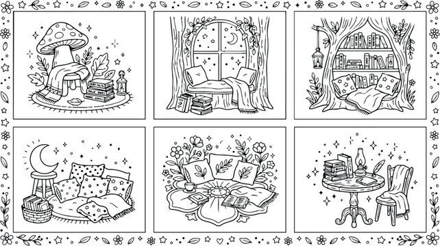 Line art coloring page six panel whimsical reading nooks with mushroom window seat book pile lantern cushions blanket moon light stars cozy serene soft lighting