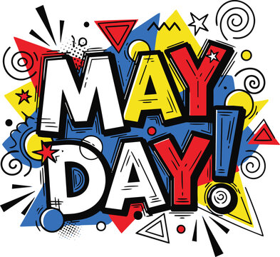 International Worker's Day Typography Illustration, Colorful May Day Celebration Text with Pop Art Style and Geometric Ornaments, Creative Vector Lettering