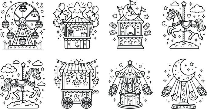 Cute carnival coloring page set eight square panels featuring ferris wheel carousel horse ticket booth swing ride and moon themed carousel in black line art style