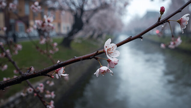 川辺の枝に残った数輪の桜が嵐のあとも力強い生命力を見せる風景