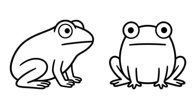 Minimalist frog line art vector, cute toad character illustrations in profile and front view, simple black and white amphibian icons for coloring