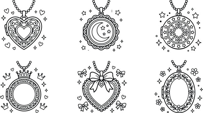 Line art close up six vintage heart and circular locket pendants arranged in grid for coloring page detailed ornamental jewelry outlines bow crowns stars hearts swirls