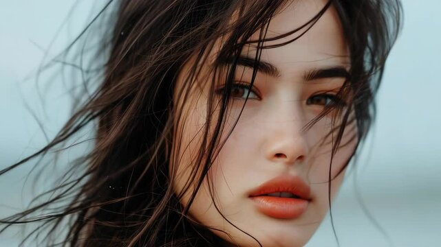 A young woman with red lips and windblown hair on a beach setting, exuding a fresh and vibrant summer feel.