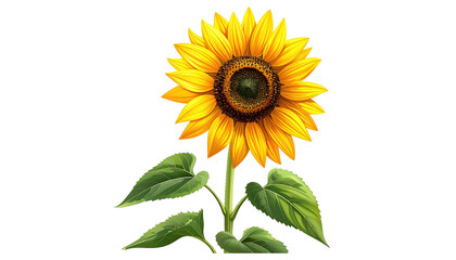 Obraz premium A vibrant illustration features a blooming sunflower with yellow petals and a dark brown center. Green leaves and a sturdy stem complete the image