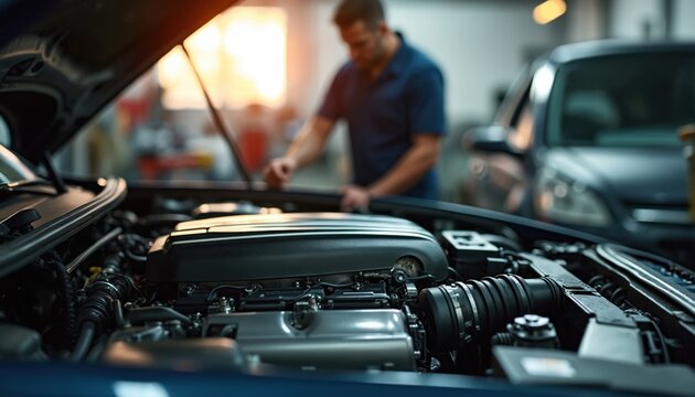 Mechanic inspects car engine under open hood in workshop. Auto repair, service and maintenance by expert technician. Closeup of complex motor parts.
