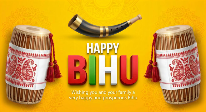 Happy Bihu celebration with traditional Assamese drums and horn