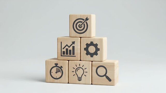 Static centered shot of stacked wooden cubes forming a pyramid with printed business icons including target, analytics, gear, stopwatch, light bulb and magnifier, subtle camera push-in emphasizing the