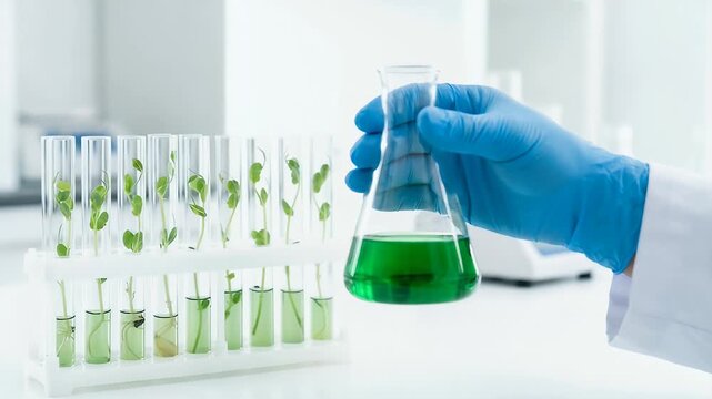 A scientist in a sterile laboratory gently shakes a green solution in a flask, as the camera slowly pans across the rows of test tubes, showcasing a modern, vibrant research environment.