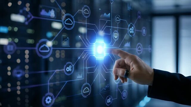 Close-up of a professional touching a glowing microchip icon at the center of a network of connected analytics and cloud symbols, dark background with shallow depth of field and cinematic push-in in r
