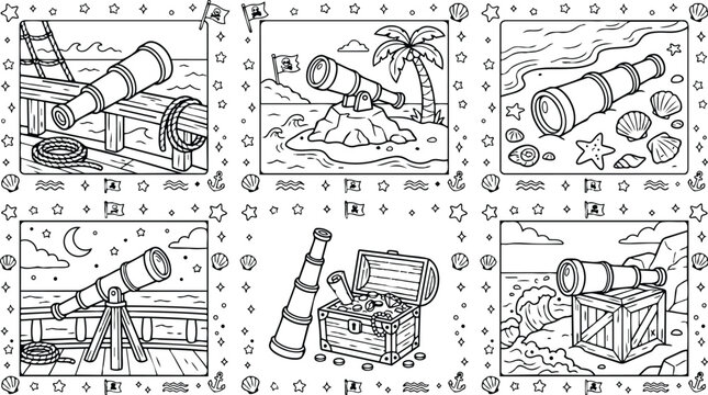 Vintage nautical telescope close up on pier palm island treasure chest and seaside crate scenes in six framed panels line art illustration night moon shells waves