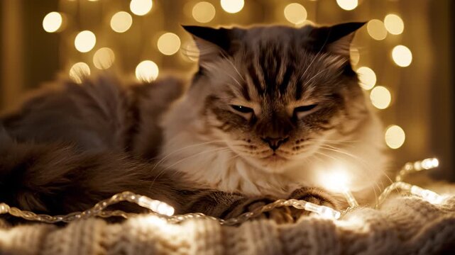 Fluffy cat resting knitted blanket with warm light and bokeh cozy indoor scene, fluffy longhair pet feline with blue eye and brown cream fur, lying knitted blanket among warm string light and golden