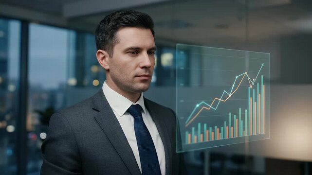 Medium close-up of a suited professional extending a pen toward a transparent overlay of bar and line charts, subtle hand movement as if highlighting rising data points, soft gradient lighting with sh