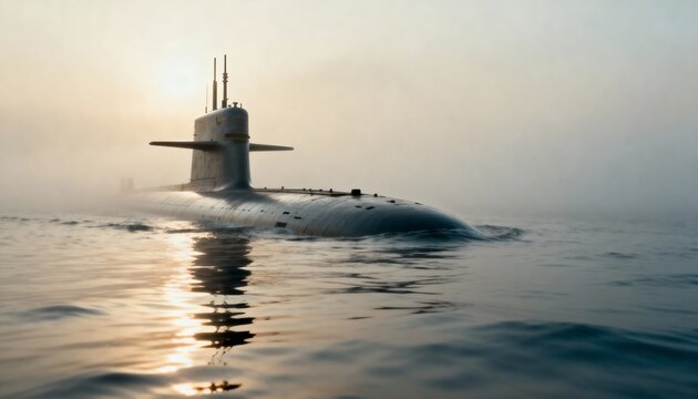 Submarine surfaced in hazy ocean. Naval vessel moving through water at sunrise or sunset. Stealth military warship on patrol with golden light reflection