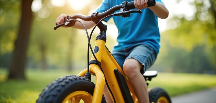 Young child in blue shirt rides yellow electric fat tire bicycle in sunny park. Kid enjoys outdoor activity, exercise, and fun on a summer day.