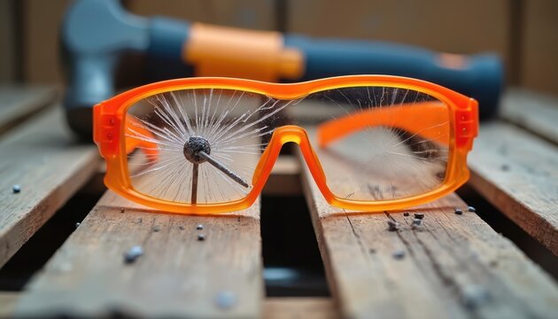 Broken safety glasses with nail penetration on wooden pallet. Orange frame eye protection damaged by impact. Hammer tool blurred in background on workshop floor.