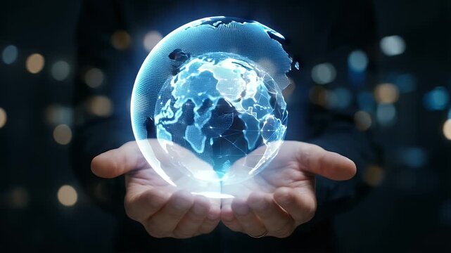 A cinematic exploration of a glowing digital globe held in hands, featuring gentle ambient motion and a slow camera pan, symbolizing global connectivity and technological innovation.